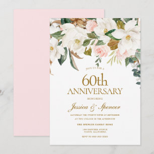 Invitation Moderne Anniversaire de Mariage Blanc Floral 60 an