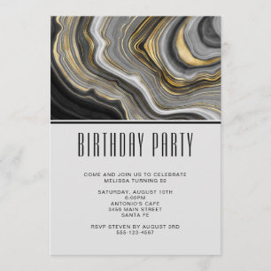 Invitation Moderne Anniversaire en Or et Agate Grise Géode Pi