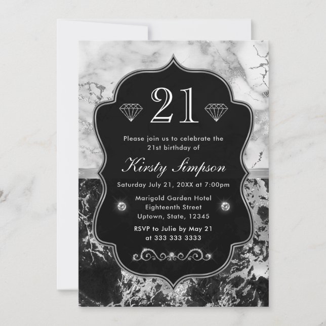 Invitation Moderne Anniversaire Marbre Noir, Blanc et Argent (Devant)