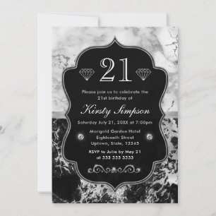 Invitation Moderne Anniversaire Marbre Noir, Blanc et Argent