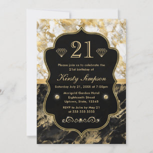 Invitation Moderne Anniversaire Marbre Noir, Blanc et Or
