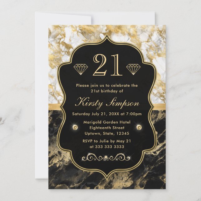 Invitation Moderne Anniversaire Marbre Noir, Blanc et Or (Devant)