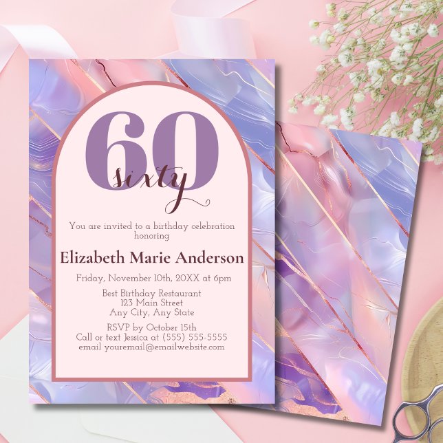 Invitation Moderne Anniversaire Rose Violet Or Agate Pour Ell (Créateur téléchargé)