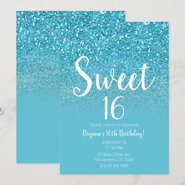 Invitation Moderne Aqua Blue Glam Paillettes Sweet 16 (Devant / Derrière)