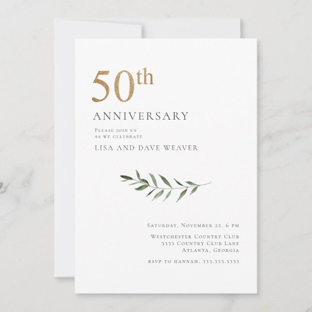 Invitation Moderne aquarelle de verdure or 50e anniversaire (Devant)