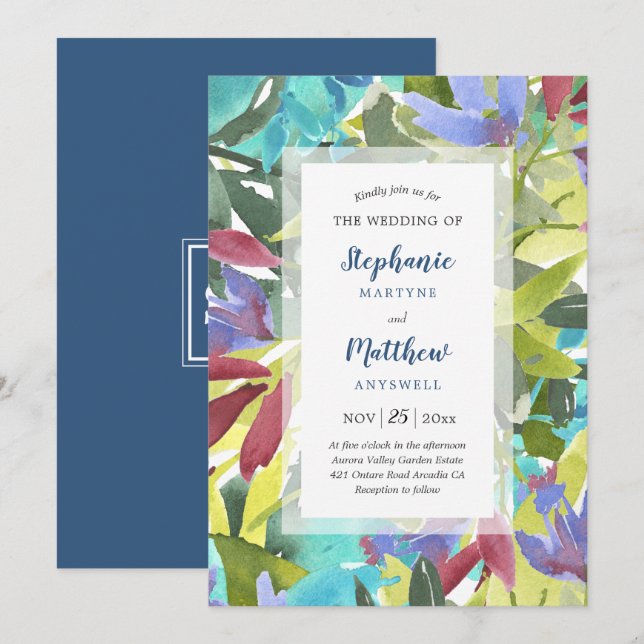 Invitation Moderne Aquarelle Florale Feuillage Turquoise Mari (Devant / Derrière)