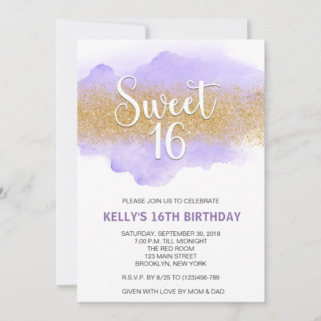 Invitation Moderne aquarelle violet Sweet 16 Seize (Devant)