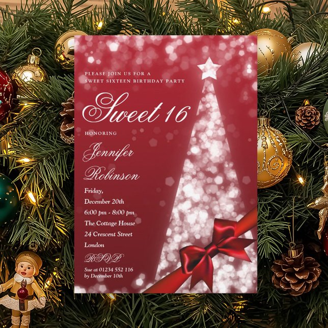 Invitation Moderne arc en forme de X pour l'arbre de Noël pou (Modern Red Xmas Tree Bow Sweet 16 Birthday Party Invitation)