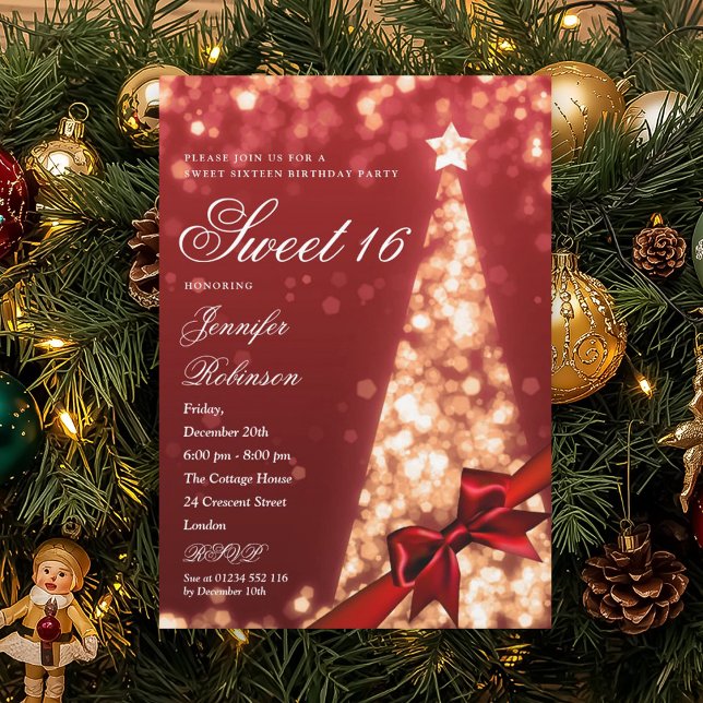 Invitation Moderne arc en or rouge pour sapin de Noël pour un (Modern Red Gold Xmas Tree Bow Sweet 16 Birthday Invitation)