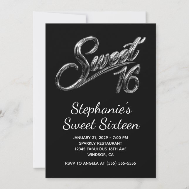 Invitation Moderne Argent Chrome Noir Sweet 16 (Devant)
