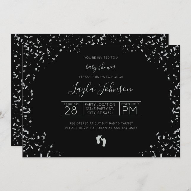 Invitation moderne, argent et Baby shower noir (Devant / Derrière)