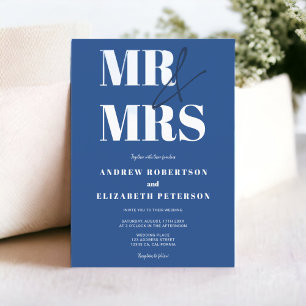 Invitation Moderne audacieux M. Mrs script chic bleu photo ma