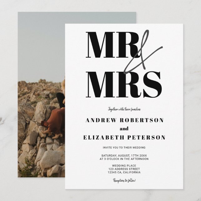 Invitation Moderne audacieux mariage photo M. Mrs script (Devant / Derrière)