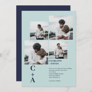 Invitation Moderne audacieux marine bleu 4 photos grille mari