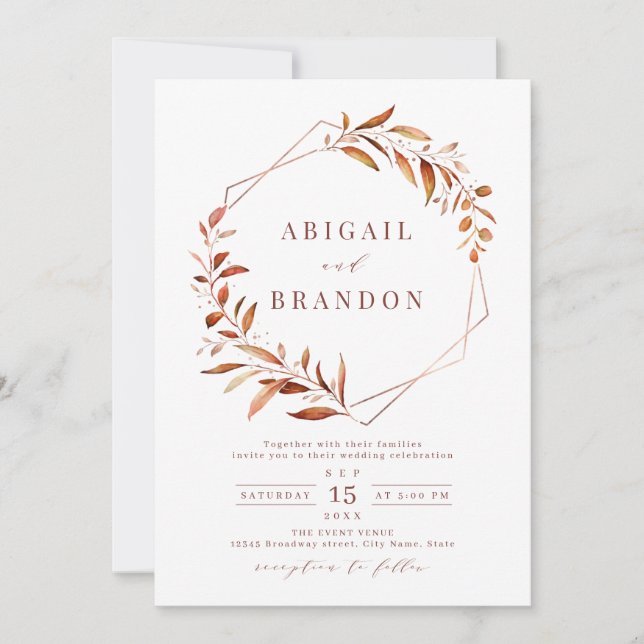 Invitation Moderne Automne Vert Géométrique Rustique Mariage  (Devant)