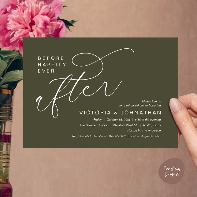 Invitation Moderne Avant Heureusement Jamais Après Le Dîner D (Modern Before Happily Ever After Romantic Rehearsal Dinner Invites Card PDF Aesthetic Olive Green)