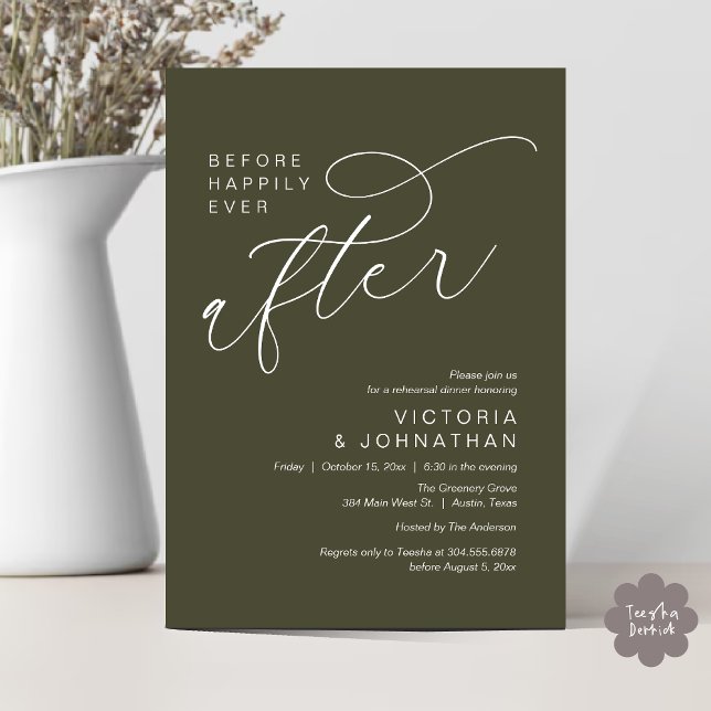 Invitation Moderne Avant Heureusement Jamais Après Le Dîner D (Modern Before Happily Ever After Romantic Rehearsal Dinner Invites Card PDF Aesthetic Olive Green)