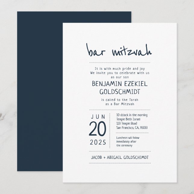 Invitation Moderne + Barreau minimaliste Mitzvah (Devant / Derrière)