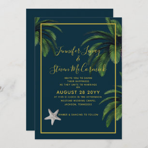 Invitation Moderne Beach Marine Blue Gold Palm Tree Mariage
