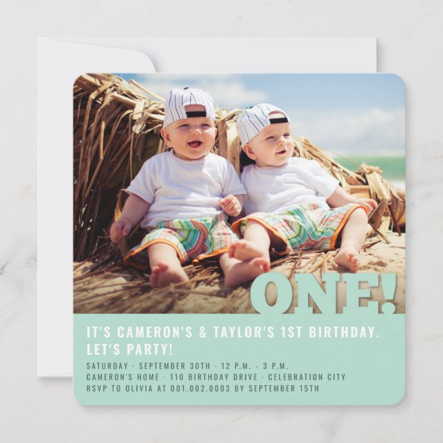 Invitation Moderne Big ONE amusant Baby Twins Photo Premier A (Devant)