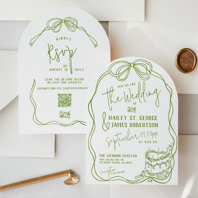 Invitation Moderne bizarré à la main dessiné à la main mariag (Green and white modern trendy hand drawn written  bow frame vintage heart cake flower wedding arch)