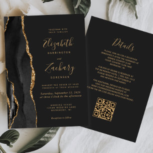 Invitation Moderne Black Gold Agate Dark QR Code Mariage
