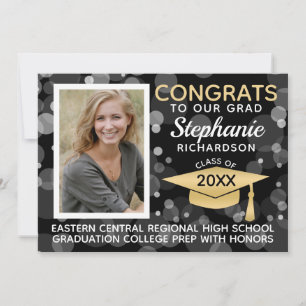 Invitation Moderne Black Gold Bokeh Bubbles Photo Graduation