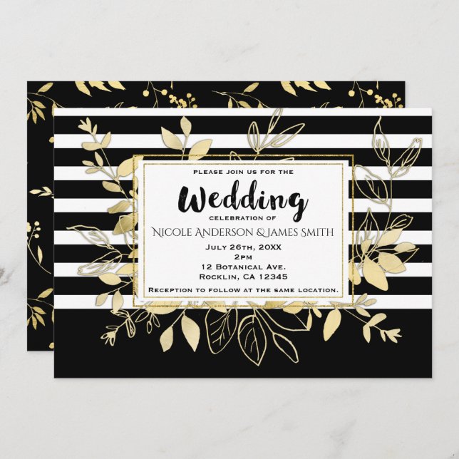 Invitation Moderne Black Gold Botanique Glamor Chic Mariage (Devant / Derrière)