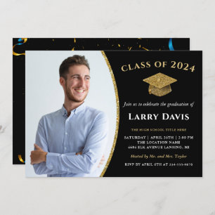 Invitation Moderne Black & Gold Confetti Photo Graduation