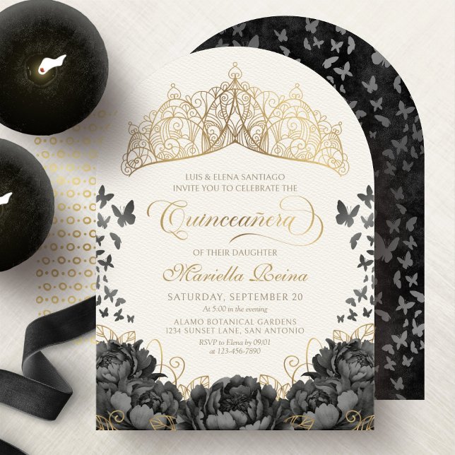 Invitation Moderne Black Gold Tiara Crown Quinceanera (Créateur téléchargé)