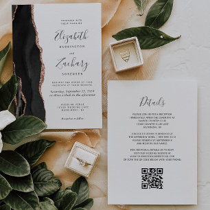 Invitation Moderne Black Rose Gold Agate QR Code Mariage