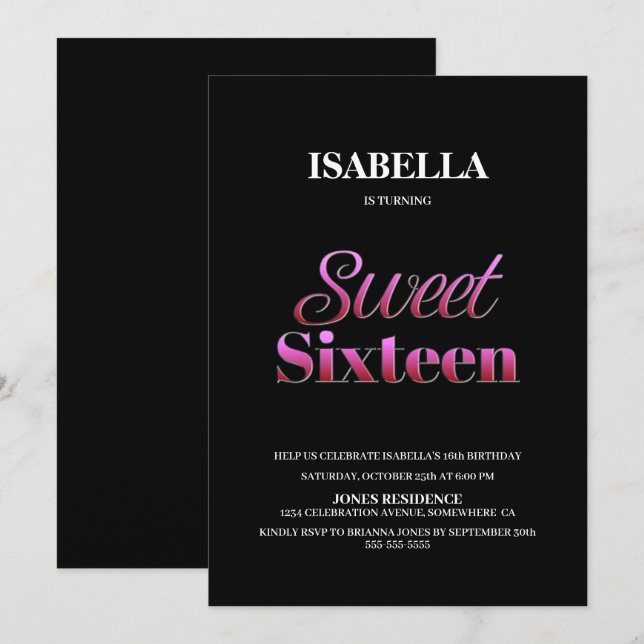 Invitation Moderne Black Rose Sweet 16 Anniversaire (Devant / Derrière)