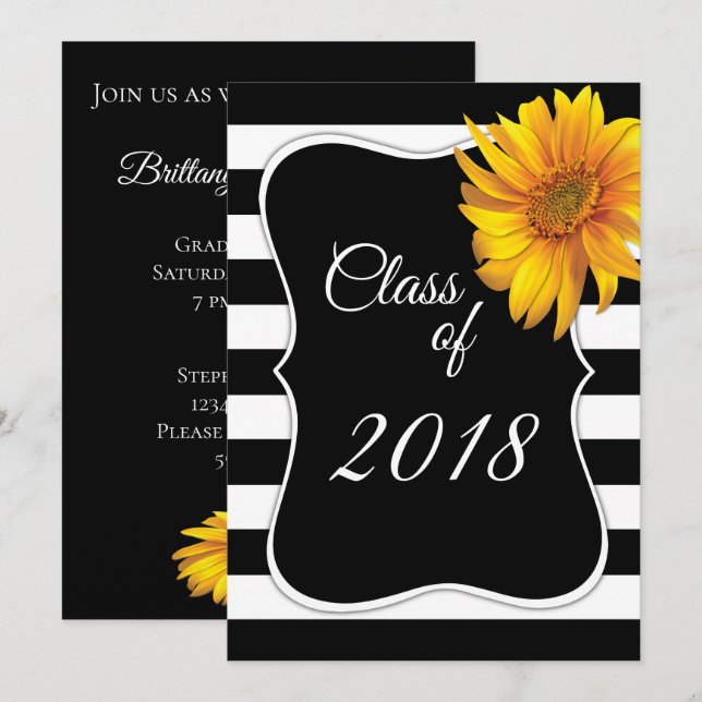 Invitation Moderne BlackWhite Stripe Sunflower 2018 Graduatio (Devant / Derrière)