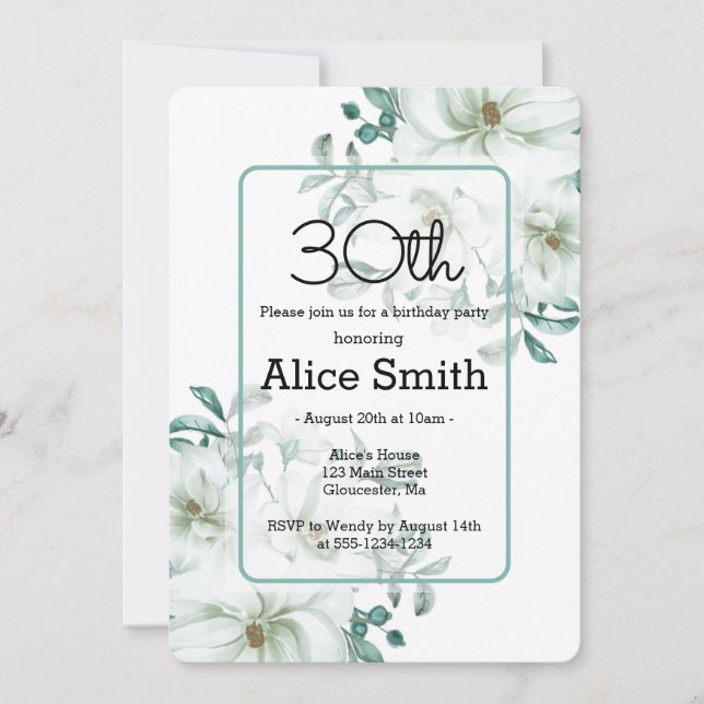 Invitation Moderne Blanc Magnolia Verdure 30e anniversaire In (Devant)