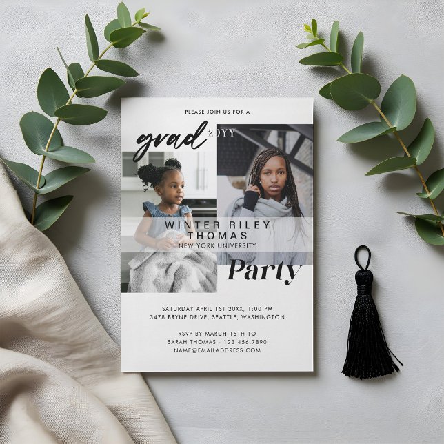 Invitation Moderne Blanc Maintenant & Puis Deux Soirées De Di (Modern White Now & Then Two Photo Graduation Party Invitation)