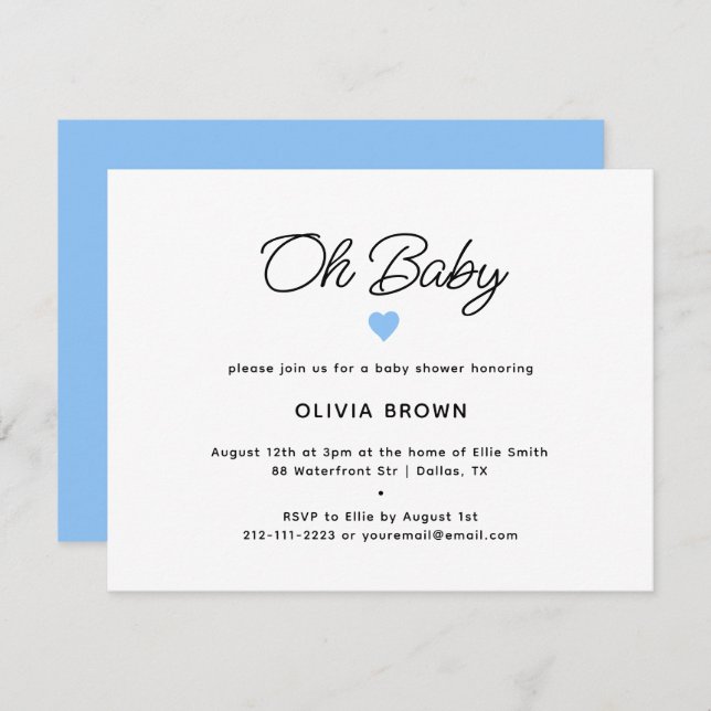 Invitation moderne Bleu Blanc Oh Baby shower (Devant / Derrière)