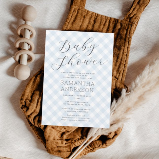 Invitation Moderne + Bleu doux En vichy Baby shower garçon (Modern + Sweet Blue Gingham Boy Baby Shower Invitation)