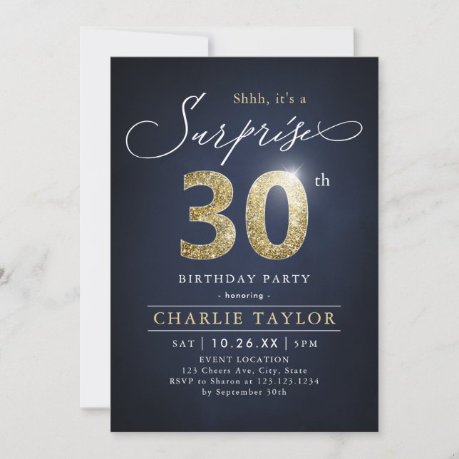 Invitation Moderne bleu et or adulte surprise 30e anniversair (Devant)