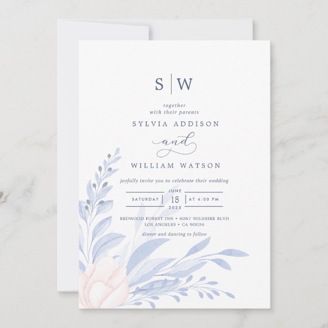 Invitation Moderne Bleu Eucalyptus Vert Mariage Succulent (Devant)