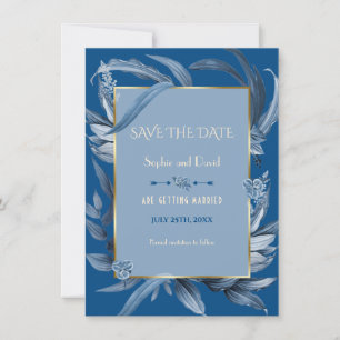 Invitation Moderne Bleu Feuille Or Enregistrer La Date