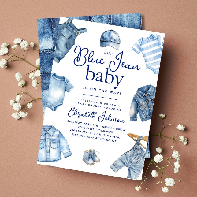 Invitation Moderne Bleu Jean Bébé Denim Baby shower à thème (Modern Blue Jean Baby Denim Themed Baby Shower Invitation)