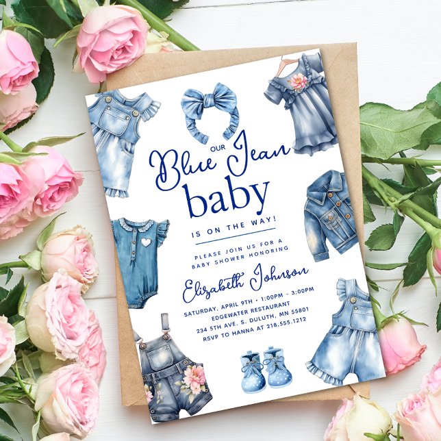 Invitation Moderne Bleu Jean Bébé Denim Thème Fille Baby show (Modern Blue Jean Baby Denim Theme Girl Baby Shower Invitation)
