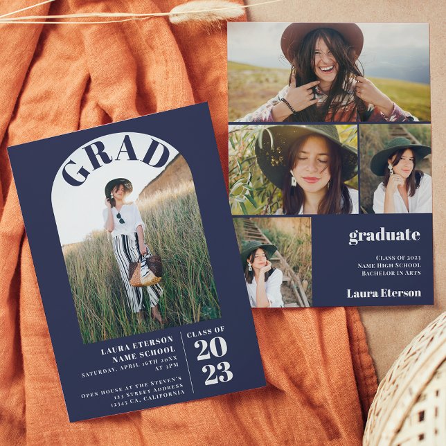 Invitation Moderne bleu marine élégant 5 photos graduation (Créateur téléchargé)