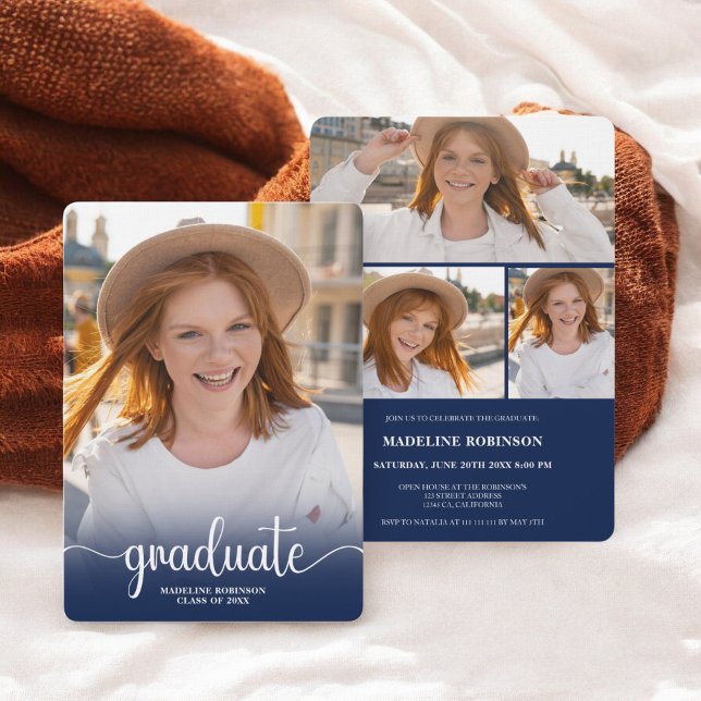 Invitation Moderne Bleu minimum script 4-Photo Graduation (Modern Blue minimal 4-Photo script Graduation Invitation)