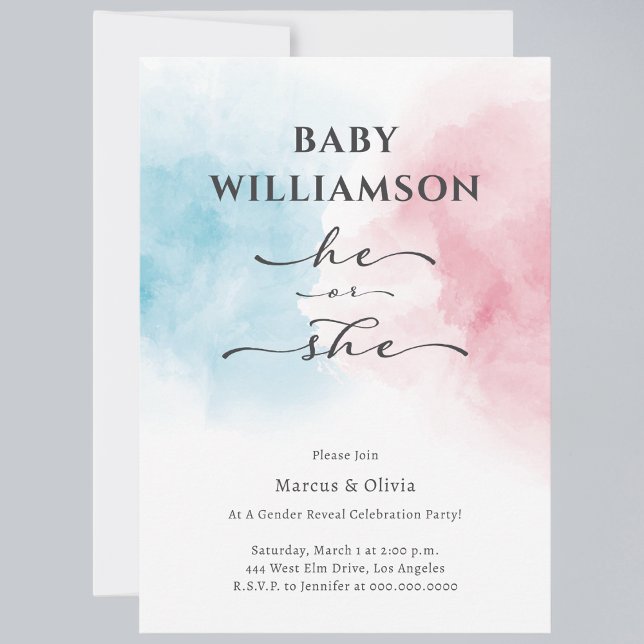 Invitation Moderne bleu rose He She She Genre Revevela Party (Celebrate one of life's most exciting moments with our Gender Reveal Party Invitations. )