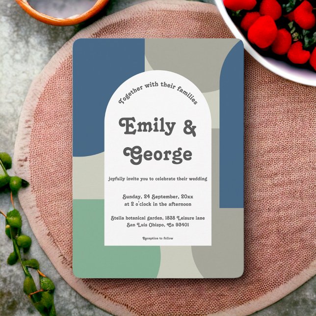 Invitation Moderne Bleu Vert Gris Rétro Mariage d'art Abstrai (Créateur téléchargé)