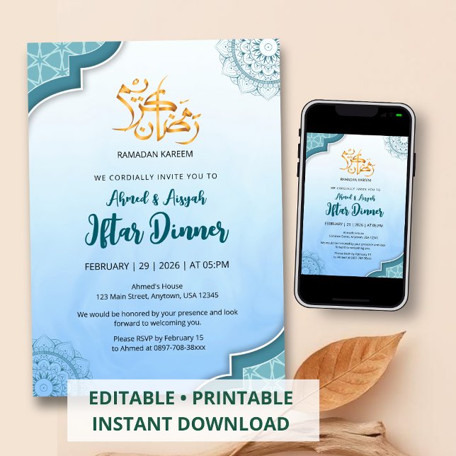 Invitation moderne bleue pour Iftar islamique (Créateur téléchargé)