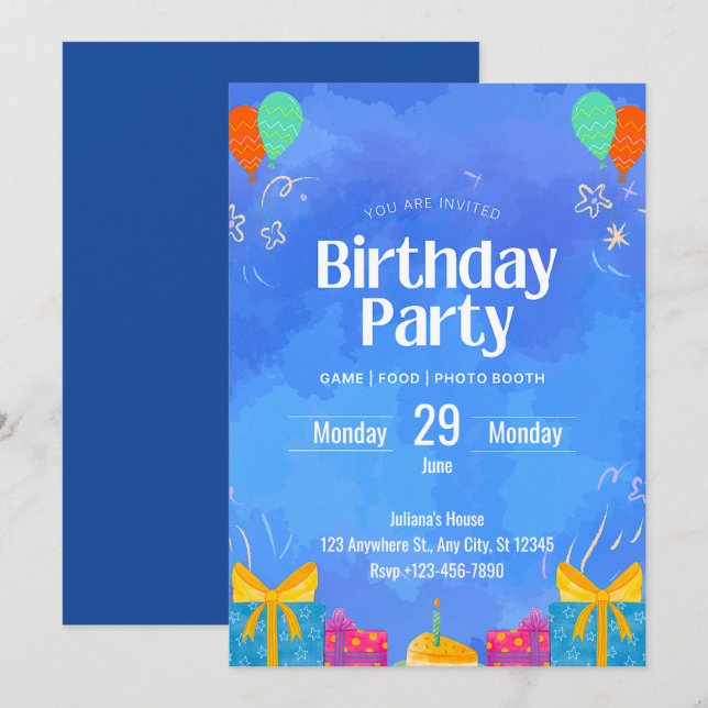Invitation moderne bleue pour un anniversaire (Devant / Derrière)