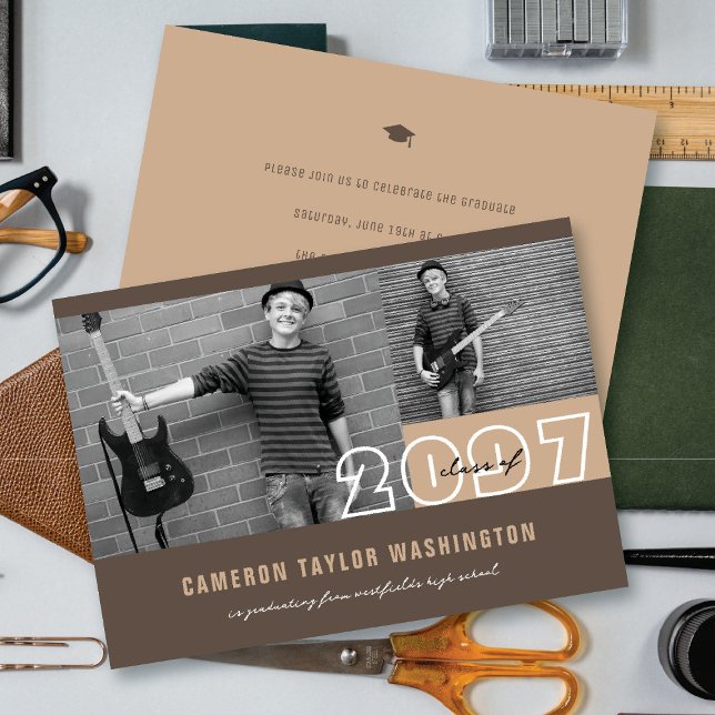 Invitation Moderne Bloc Photo Marron 2 Simple Fête de Remise  (Modern Brown 2 Photo Blocks Simple Graduation Announcement & Party Invitation @ fatfatin)