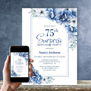 Invitation Moderne Blue Floral Surprise 75e anniversaire fête